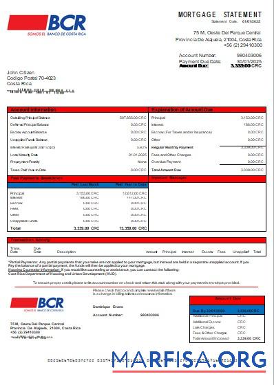 Costa Rica The Bank of Costa Rica Bank Hypothek Kontoauszug scr Probe