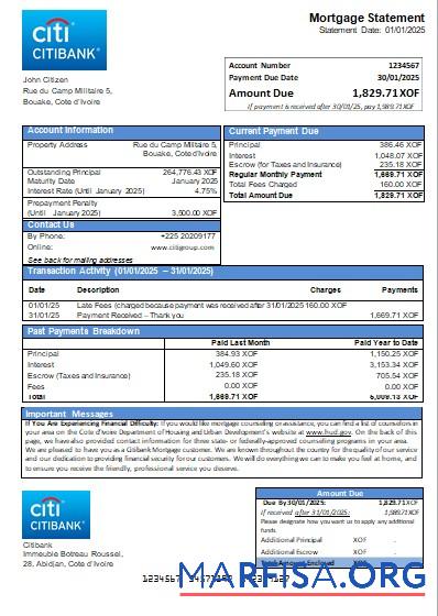 Cote dΓÇÖIvoire Citibank Bank Hypothek Kontoauszug scr Probe