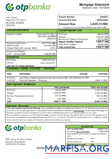 Kroatien OTP Bank Hypothek Kontoauszug scr Probe