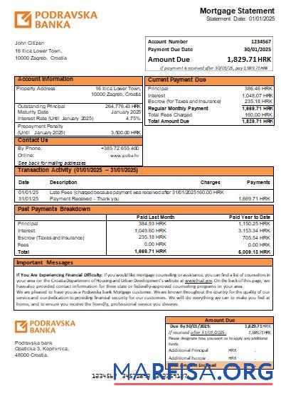 Kroatien Podravska Bank Hypothek Kontoauszug scr Vorlage