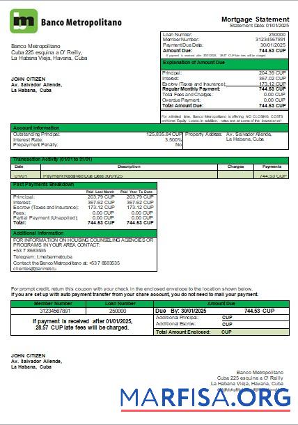 Kuba Banco Metropolitano Bank Hypothek Kontoauszug scr Probe