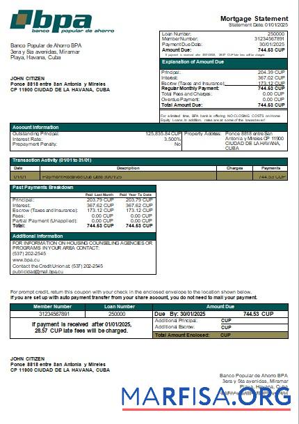 Kuba Banco Popular de Ahorro BPA Bank Hypothek Kontoauszug scr Mockup