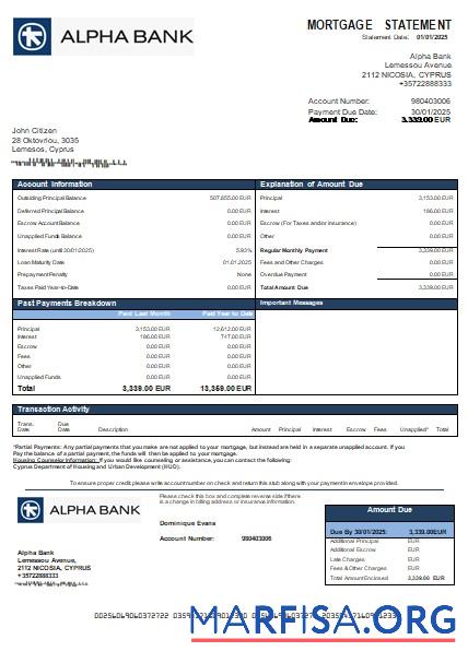 Zypern Alpha Bank Hypothek Kontoauszug scr Probe