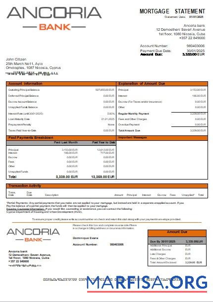 Zypern Ancoria Bank Hypothek Kontoauszug scr Probe