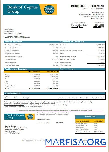 Zypern Bank of Zypern Bank Hypothek Kontoauszug scr Mockup