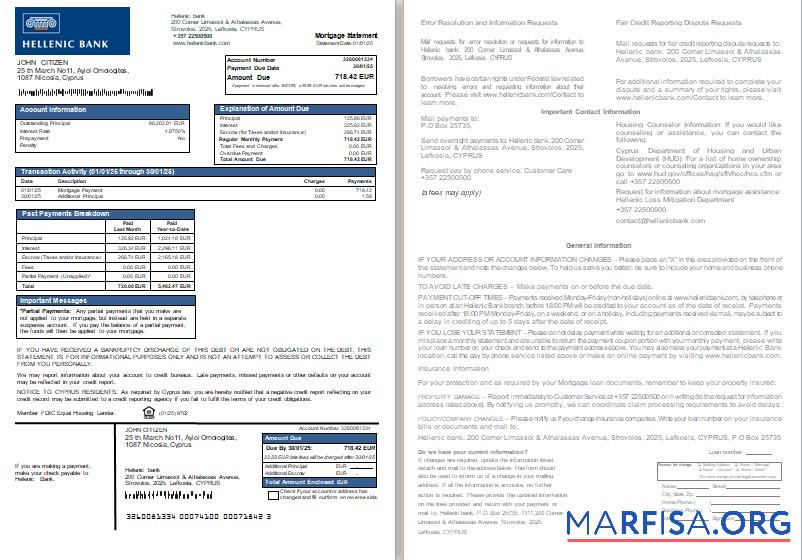 Zypern Hellenic Bank Hypothek Kontoauszug, 2 pages, 1 2 scr Design