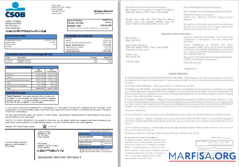 Czech C╠îSOB Bank Hypothek Kontoauszug, 2 pages, 1 2 scr Probe