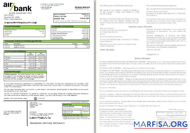 Tschechien Air Bank Hypothek Kontoauszug, 2 pages, 1 2 scr Design
