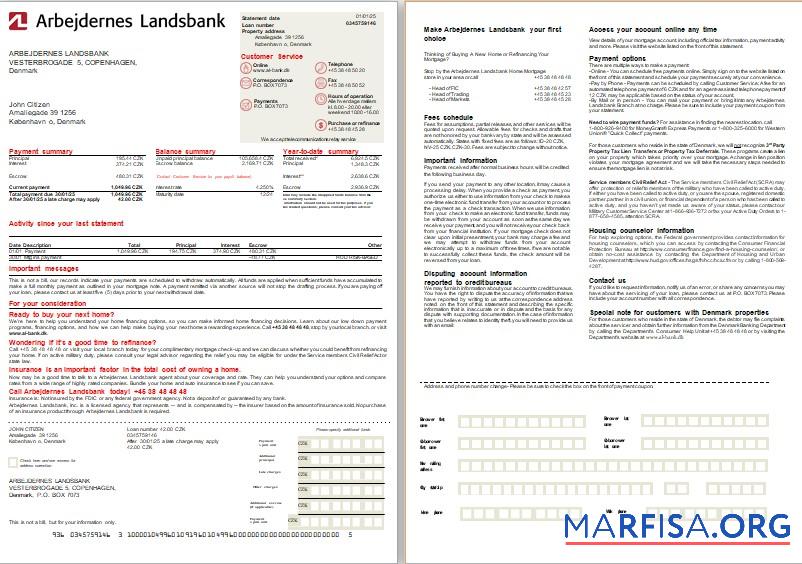Dänemark Arbejdernes Landsbank Bank Hypothek Kontoauszug, 2 pages, 1 2 scr Mockup