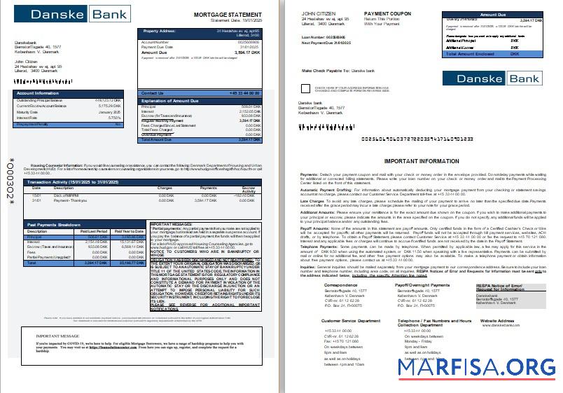 Dänemark Danskebank Bank Hypothek Kontoauszug, 3 pages, 1 2 scr Vorlage