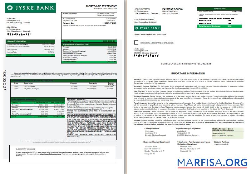 Dänemark Jyske Bank Hypothek Kontoauszug, 3 pages, 1 2 scr Vorschau