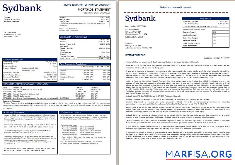 Dänemark Sydbank Bank Hypothek Kontoauszug, 3 pages, 1 2 scr Vorschau