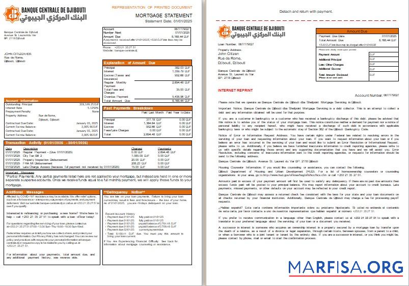 Dschibuti Central Bank of Dschibuti Bank Hypothek Kontoauszug, 3 pages, 1 2 scr Mockup
