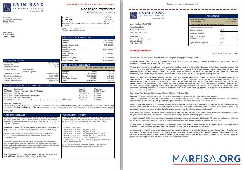 Dschibuti Exim Bank Hypothek Kontoauszug, 3 pages, 1 2 scr Design