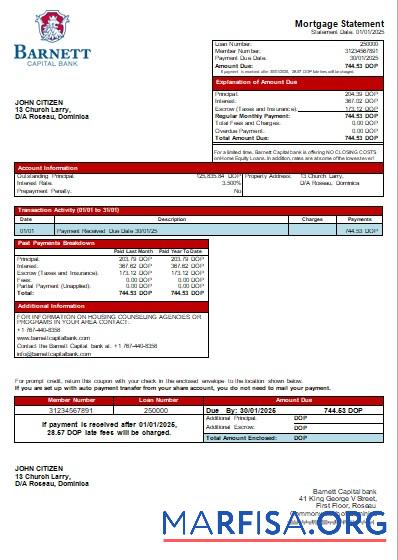 Dominica Barnett Capital Bank Hypothek Kontoauszug scr Mockup