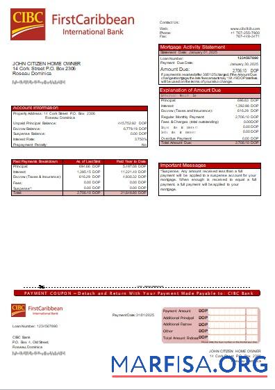 Dominica CIBC Bank Bank Hypothek Kontoauszug scr Probe
