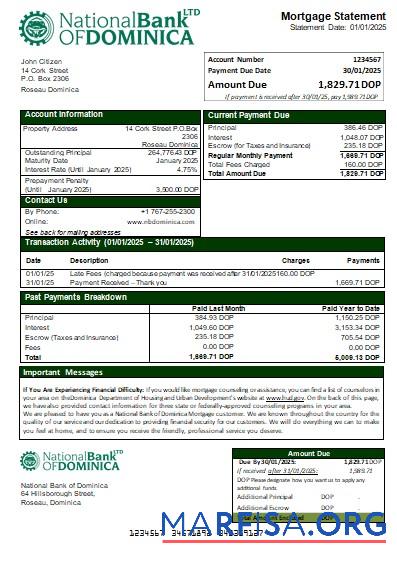 Dominica National Bank of Dominica Bank Hypothek Kontoauszug scr Probe