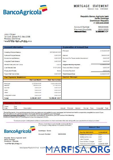 Dominikanische Republik Banco Agricola Bank Hypothek Kontoauszug scr Probe