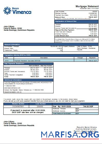 Dominikanische Republik Banco Vimenca Bank Hypothek Kontoauszug scr Design