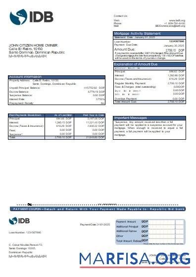 Dominikanische Republik Bid Bank Hypothek Kontoauszug scr Vorschau
