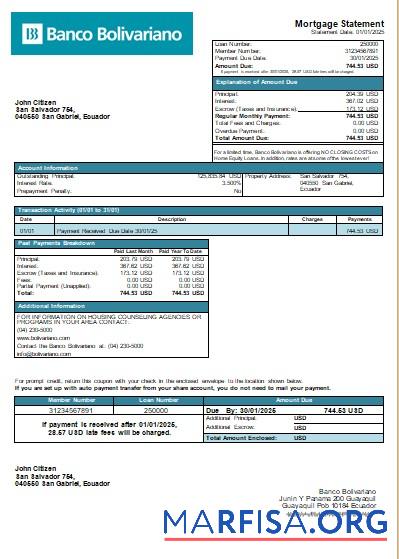 Ecuador Banco Bolivariano Bank Hypothek Kontoauszug scr Probe