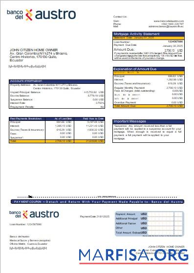 Ecuador Banco del Austro Bank Hypothek Kontoauszug scr Mockup