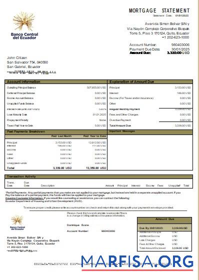 Ecuador Central Bank of Ecuador Bank Hypothek Kontoauszug scr Design