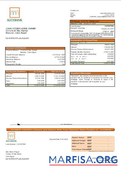 Ägypten Alex Bank of Ägypten Bank Hypothek Kontoauszug scr Probe