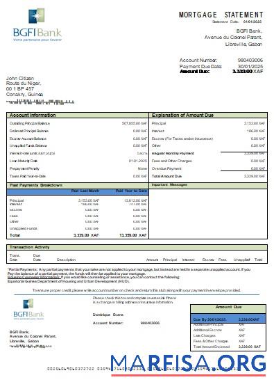 Äquatorialguinea BGFI Bank Hypothek Kontoauszug scr Probe