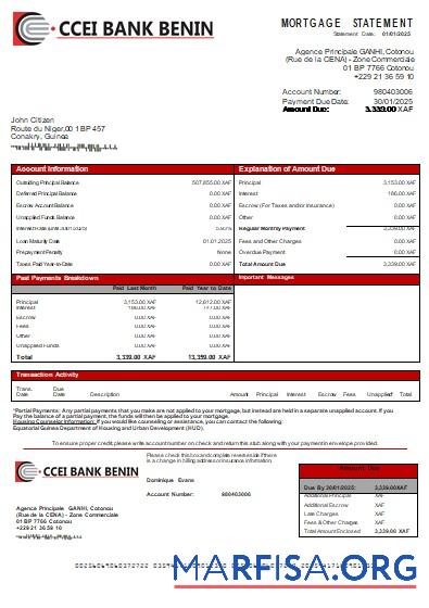Äquatorialguinea CCEI Bank Benin Bank Hypothek Kontoauszug scr Mockup