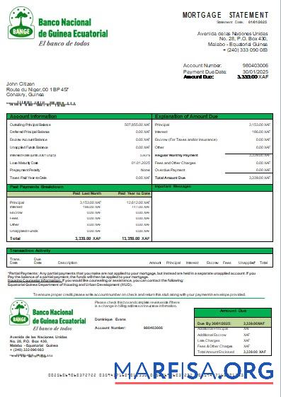 Äquatorialguinea National Bank Bank Hypothek Kontoauszug scr Probe