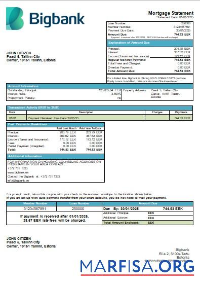 Estland Bigbank Bank Hypothek Kontoauszug scr Design