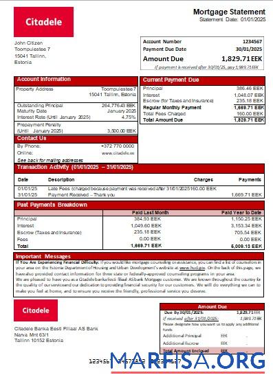 Estland Citadele banka Eesti filiaal AS Bank Hypothek Kontoauszug scr Mockup