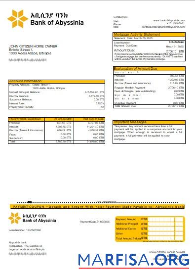 Äthiopien Bank of Abyssinia Bank Hypothek Kontoauszug scr Design