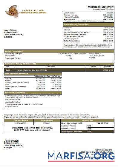 Äthiopien Kommerziell Bank Hypothek Kontoauszug scr Probe