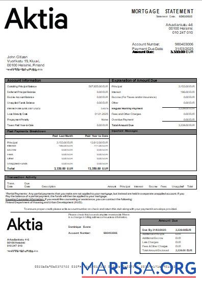 Finnland Aktia Bank Hypothek Kontoauszug scr Probe