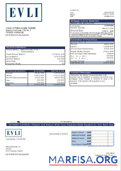 Finnland Evli Bank PLC Bank Hypothek Kontoauszug scr Design