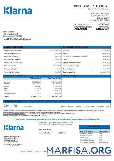 Finnland Klarna Bank Bank Hypothek Kontoauszug scr Vorschau