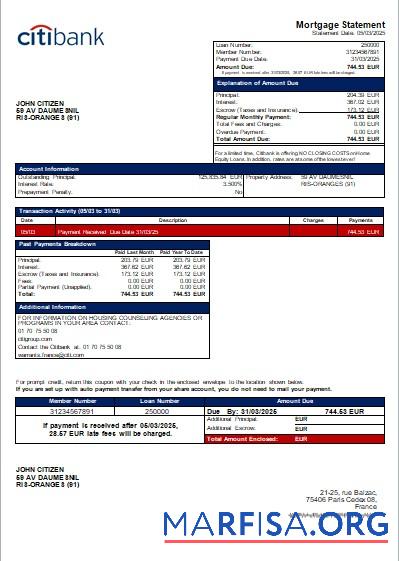 Frankreich Citibank Bank Hypothek Kontoauszug scr Mockup