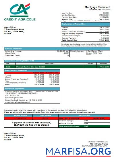 Frankreich Credite Agricole Bank Hypothek Kontoauszug scr Mockup