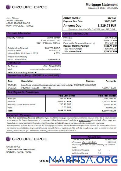 Frankreich Groupe BPCE Bank Hypothek Kontoauszug scr Mockup