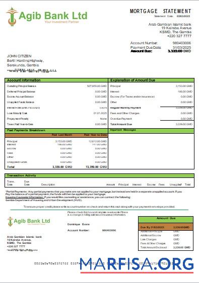 Gambia Arab Gambian Islamic Bank Hypothek Kontoauszug scr Mockup