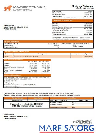 Georgien Bank of Georgien Bank Hypothek Kontoauszug scr Probe