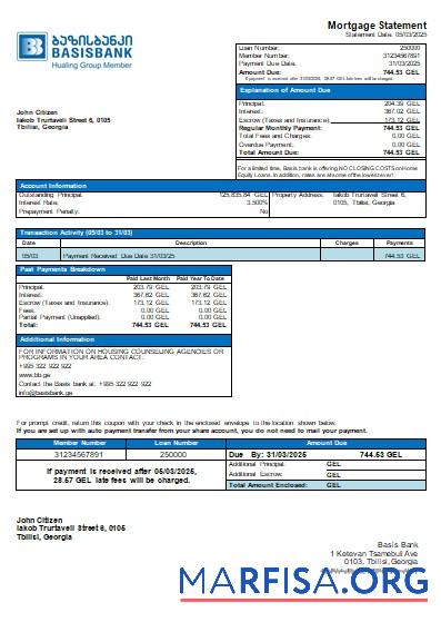 Georgien Basis Bank Hypothek Kontoauszug scr Vorlage