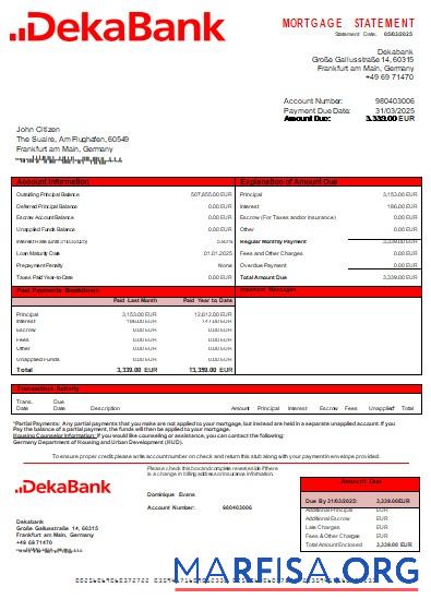 Deutschland Dekabank Bank Hypothek Kontoauszug scr Probe