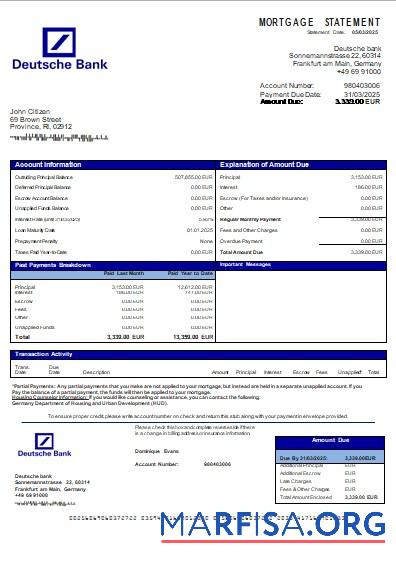 Deutschland Deutsche Bank Hypothek Kontoauszug scr Probe