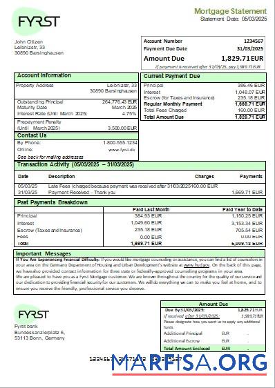 Deutschland Fyrst Bank Hypothek Kontoauszug scr Vorlage