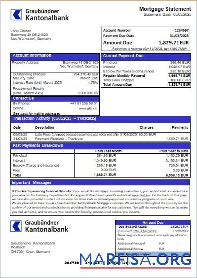 Deutschland Graubuendner Kantonalbank Bank Hypothek Kontoauszug scr Mockup