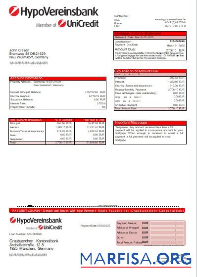 Deutschland HypoVereinsbank Bank Hypothek Kontoauszug scr Vorlage