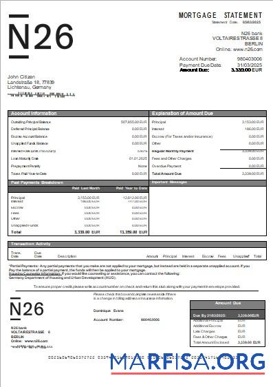 Deutschland N26 Bank Hypothek Kontoauszug scr Vorlage